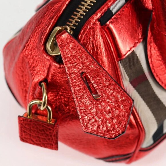 BURBERRY Nova Check Hand Bag Canvas Leather 2way Red Gold Auth - Picture 9 of 16